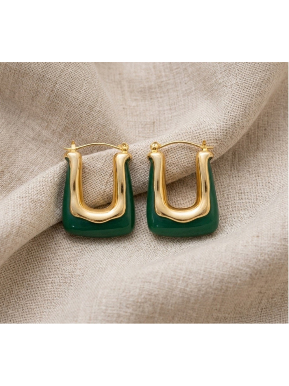Anthropologie Hoop Earrings Green Gold U-shape Boho Resin Irregular